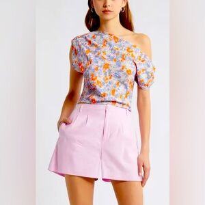 NEW Open Edit Asymmetrical Off-Shoulder Blouse in Pink Sky Floral